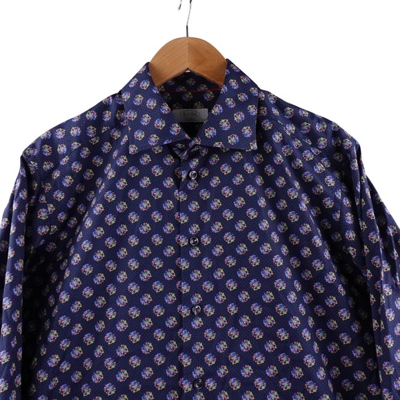 Eton Other - Eton Mens Contemporary Fit Navy Blue Floral Medallion Print Dress Shirt 16.5-42